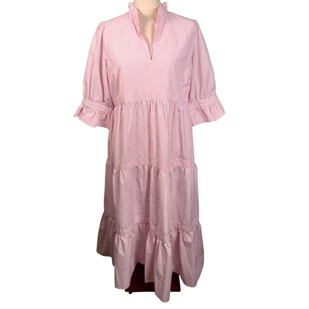 Gretchen Scott Tiered Midi Dress M Pink White Stripe Preppy Coastal Pockets